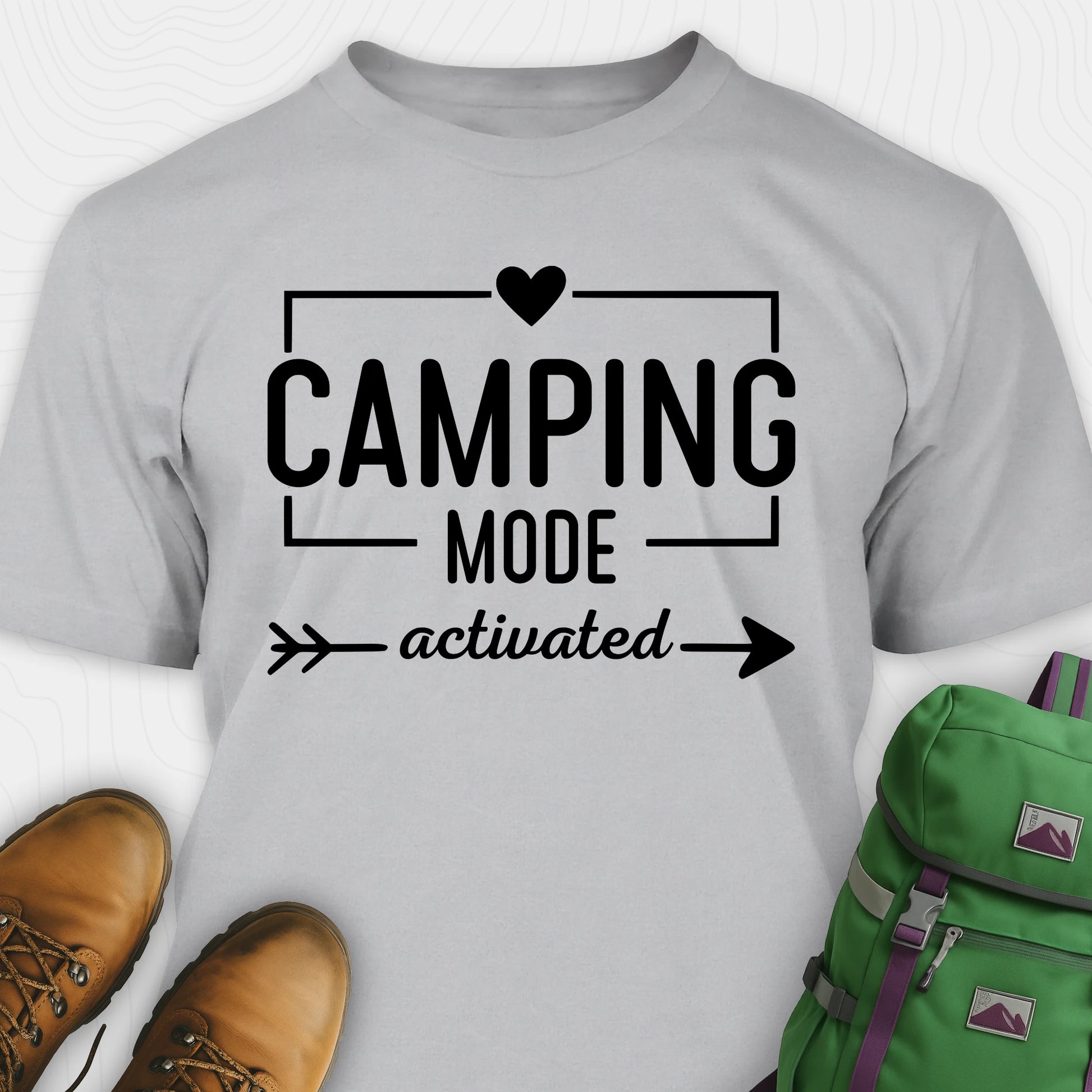 Gray camping mode activated shirt with heart and arrow design