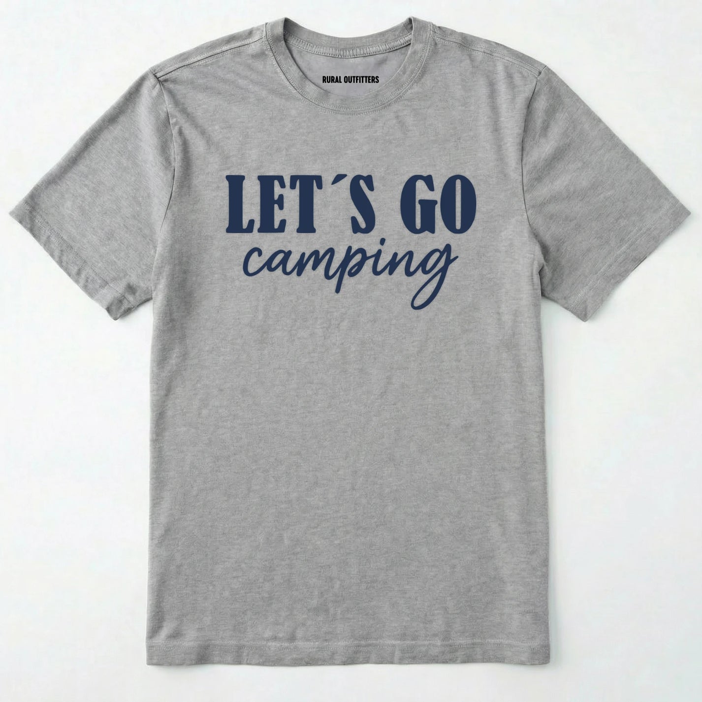 Sport Grey lets go camping shirt with simple adventure typography on a light grey background.