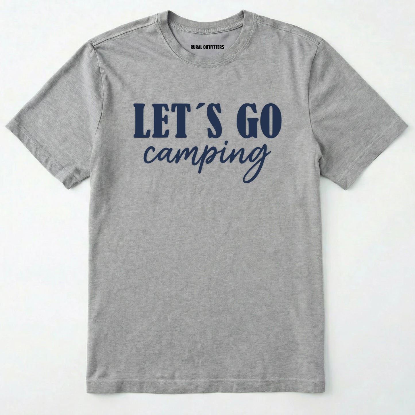 Sport Grey lets go camping shirt with simple adventure typography on a light grey background.