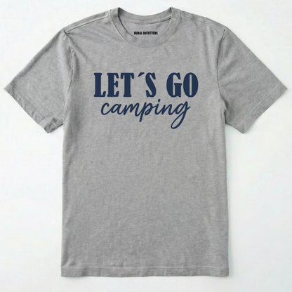 Sport Grey lets go camping shirt with simple adventure typography on a light grey background.