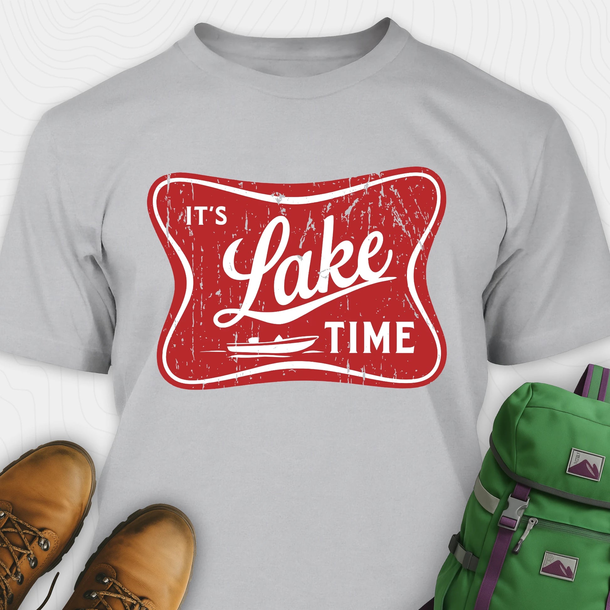 Grey lake t-shirt with retro “It’s Lake Time” graphic, featuring a red vintage lake badge design