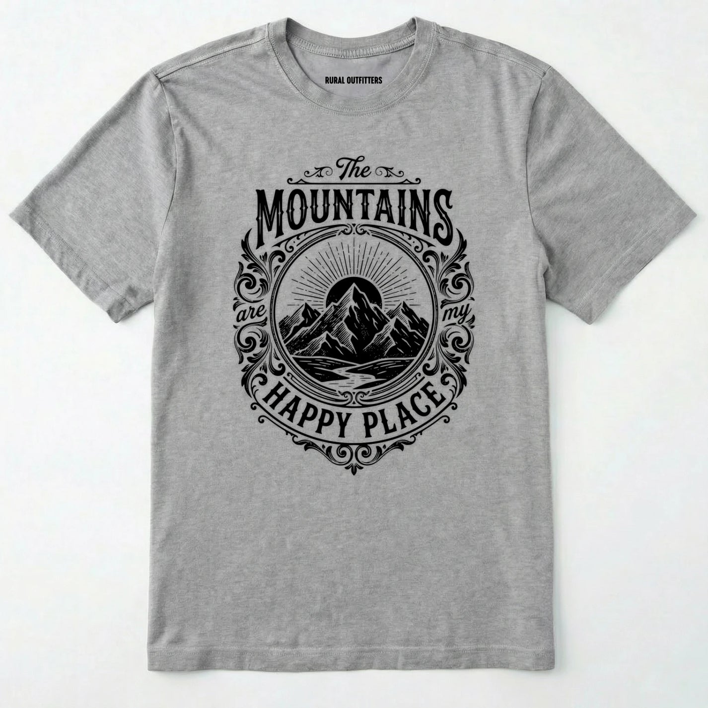 Sport Grey t-shirt with black mountain graphic and text on a white background