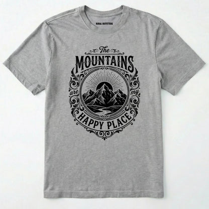 Sport Grey t-shirt with black mountain graphic and text on a white background