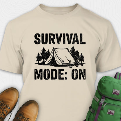 Natural bushcraft shirt with survival mode on text, featuring tent and pine tree design