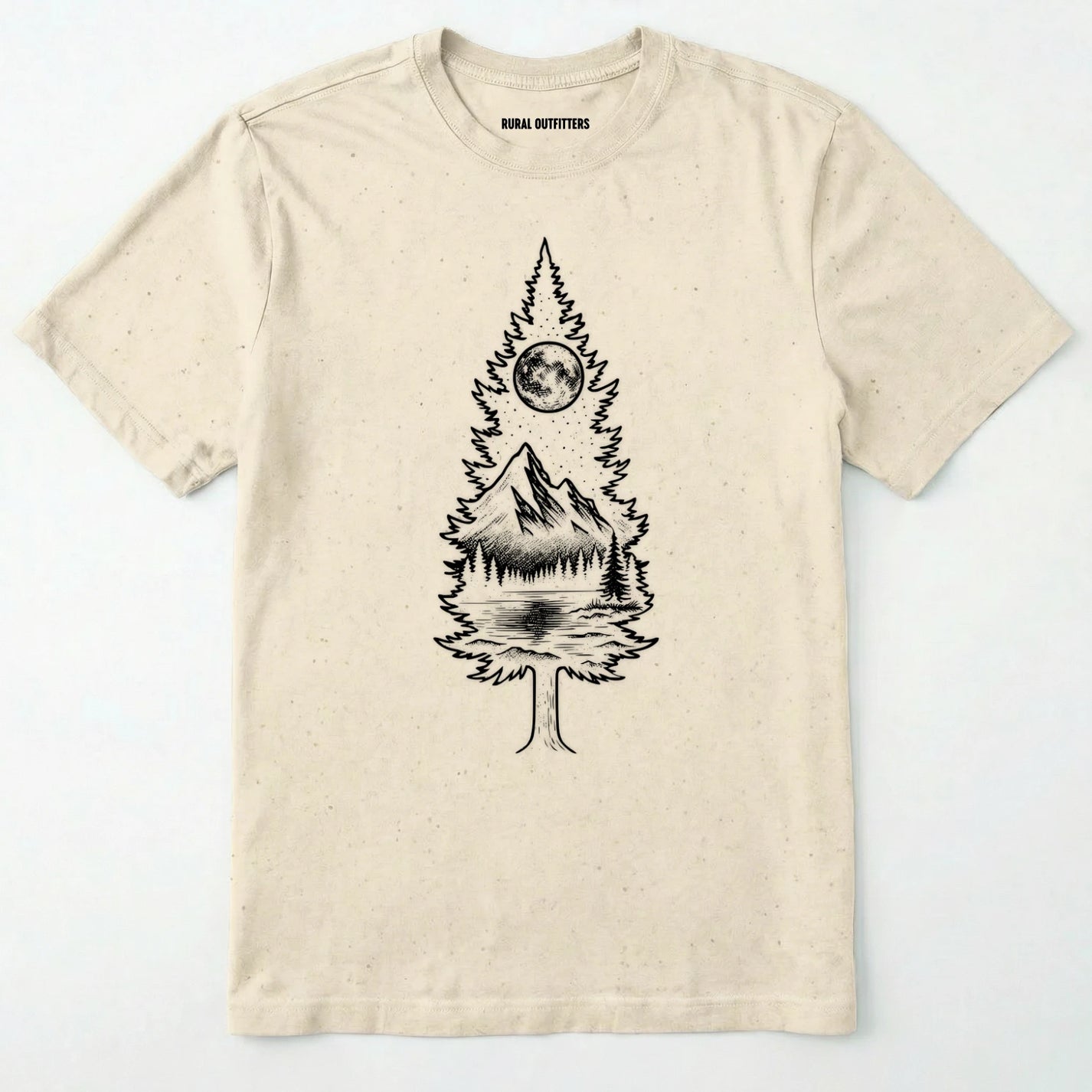 Natural tree t-shirt featuring a detailed white graphic of a pine tree silhouette. the tree outline contains a landscape scene: a mountain peak rising over a forested shoreline, with its reflection visible in a lake below. above the mountain is a starry night sky and a full or partial circle representing the moon or sun.