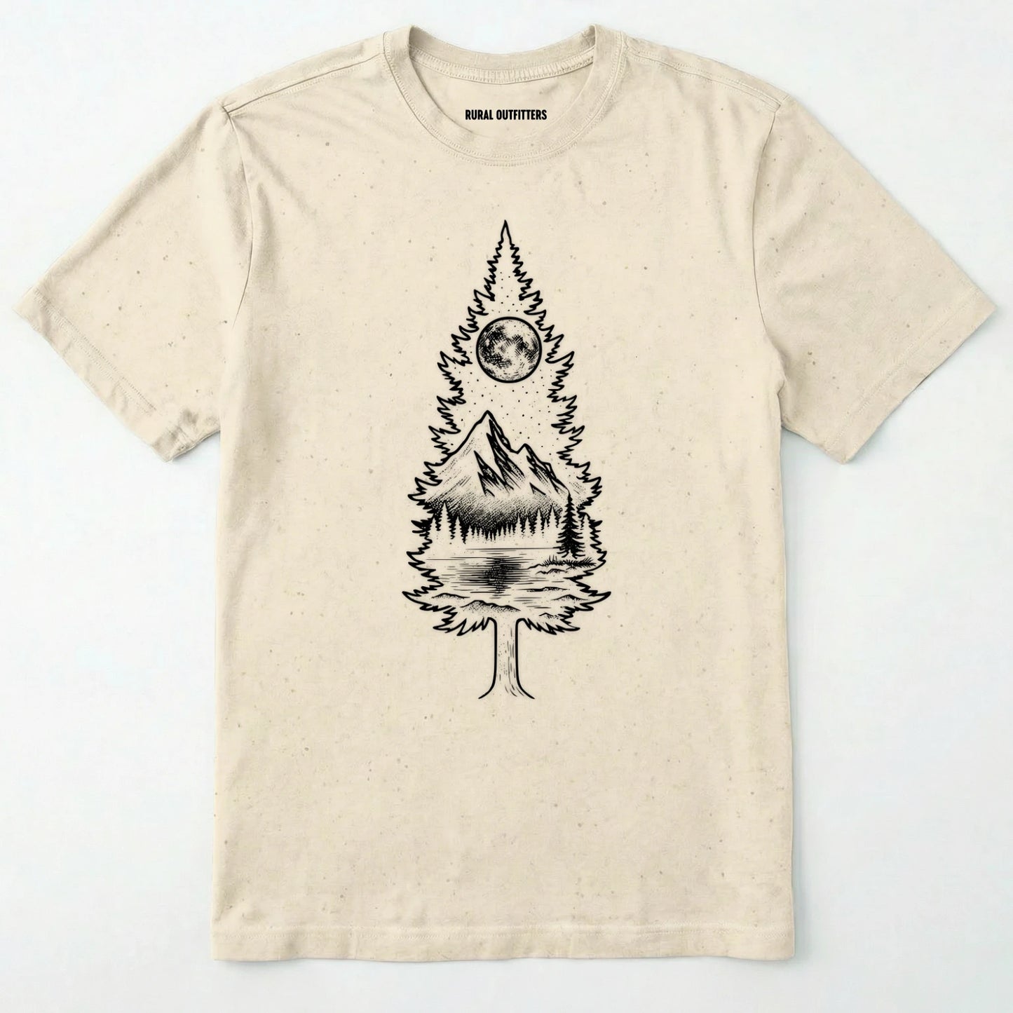 Natural tree t-shirt featuring a detailed white graphic of a pine tree silhouette. the tree outline contains a landscape scene: a mountain peak rising over a forested shoreline, with its reflection visible in a lake below. above the mountain is a starry night sky and a full or partial circle representing the moon or sun.