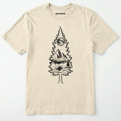 Natural tree t-shirt featuring a detailed white graphic of a pine tree silhouette. the tree outline contains a landscape scene: a mountain peak rising over a forested shoreline, with its reflection visible in a lake below. above the mountain is a starry night sky and a full or partial circle representing the moon or sun.