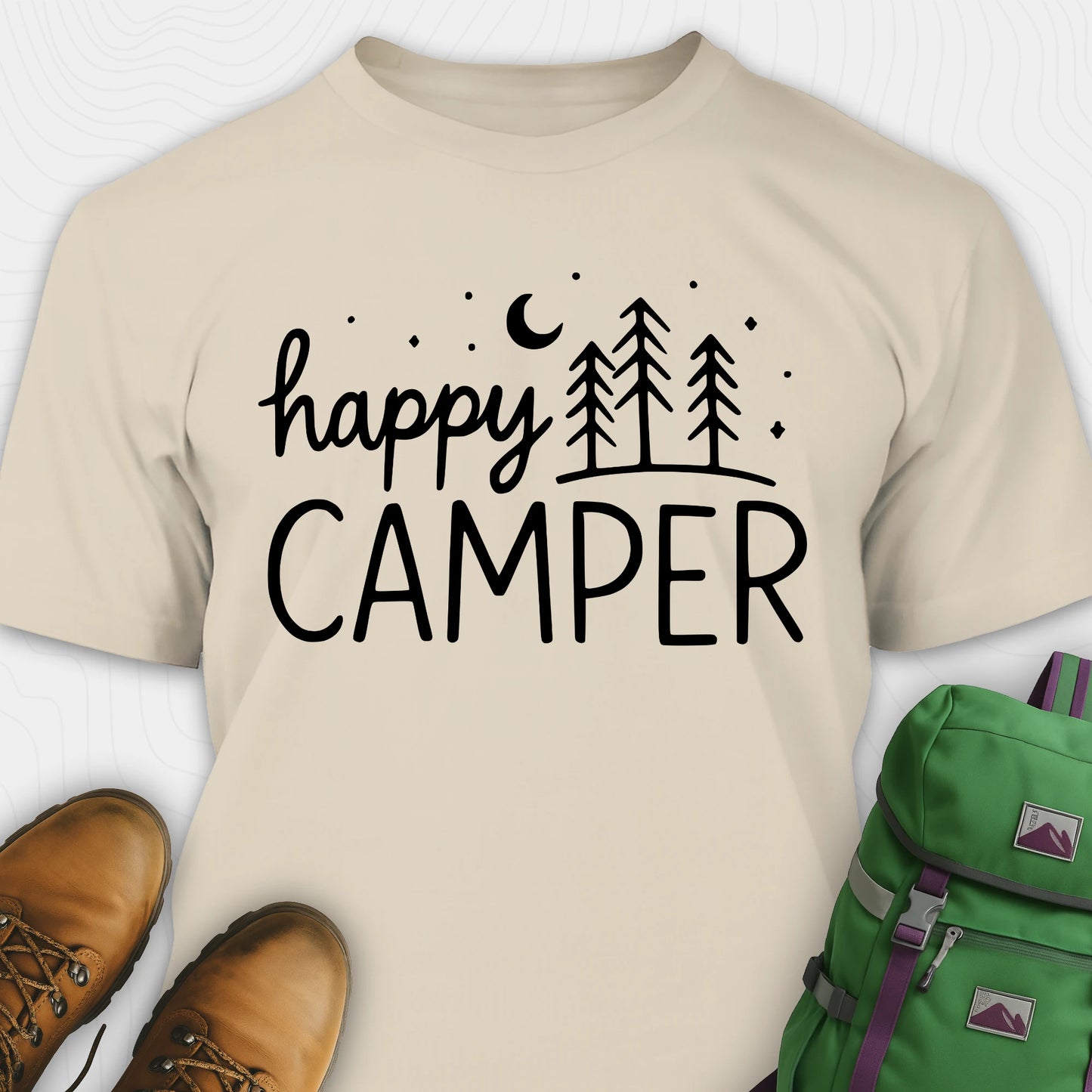 Sand women’s happy camper shirt with trees and moon graphic