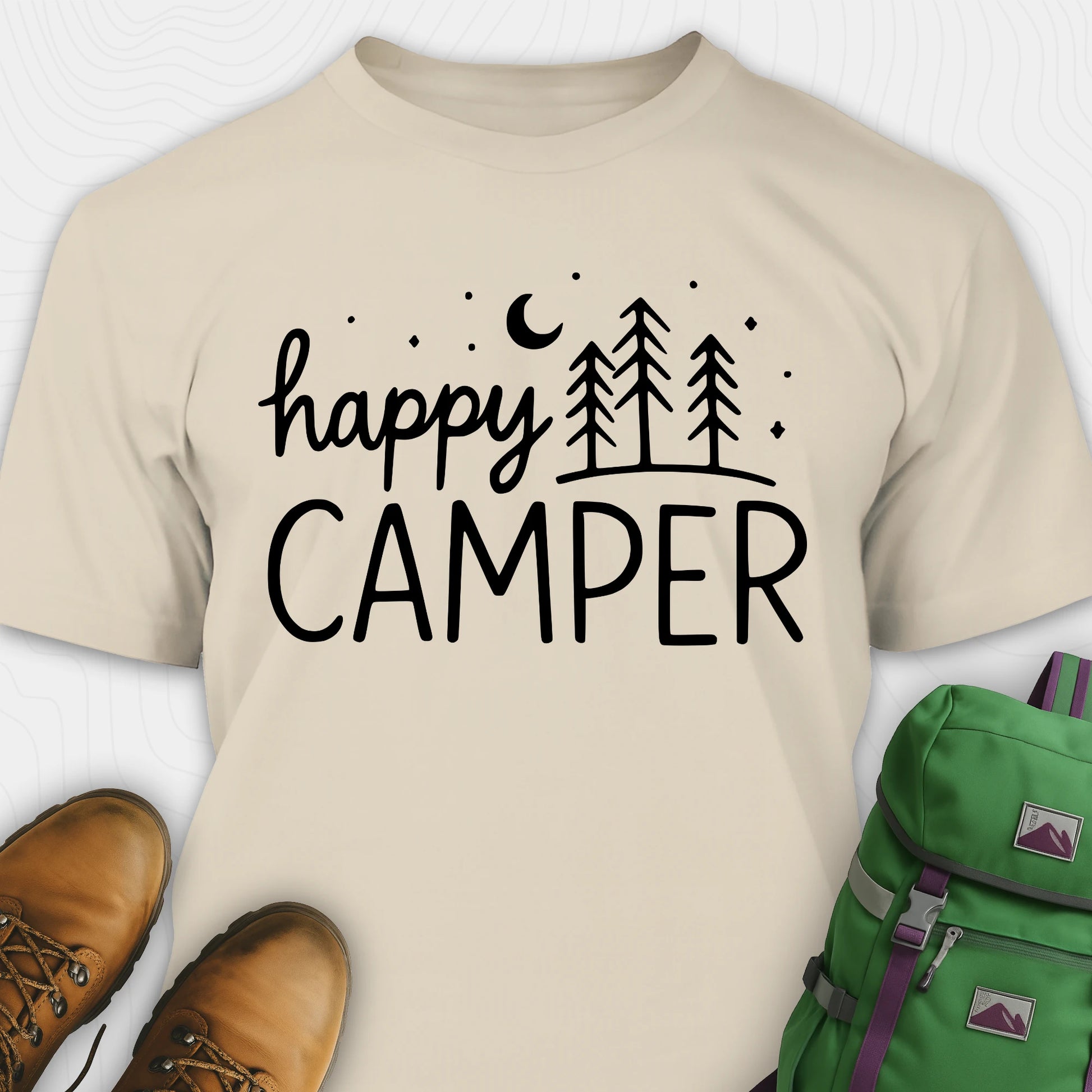 Sand women’s happy camper shirt with trees and moon graphic