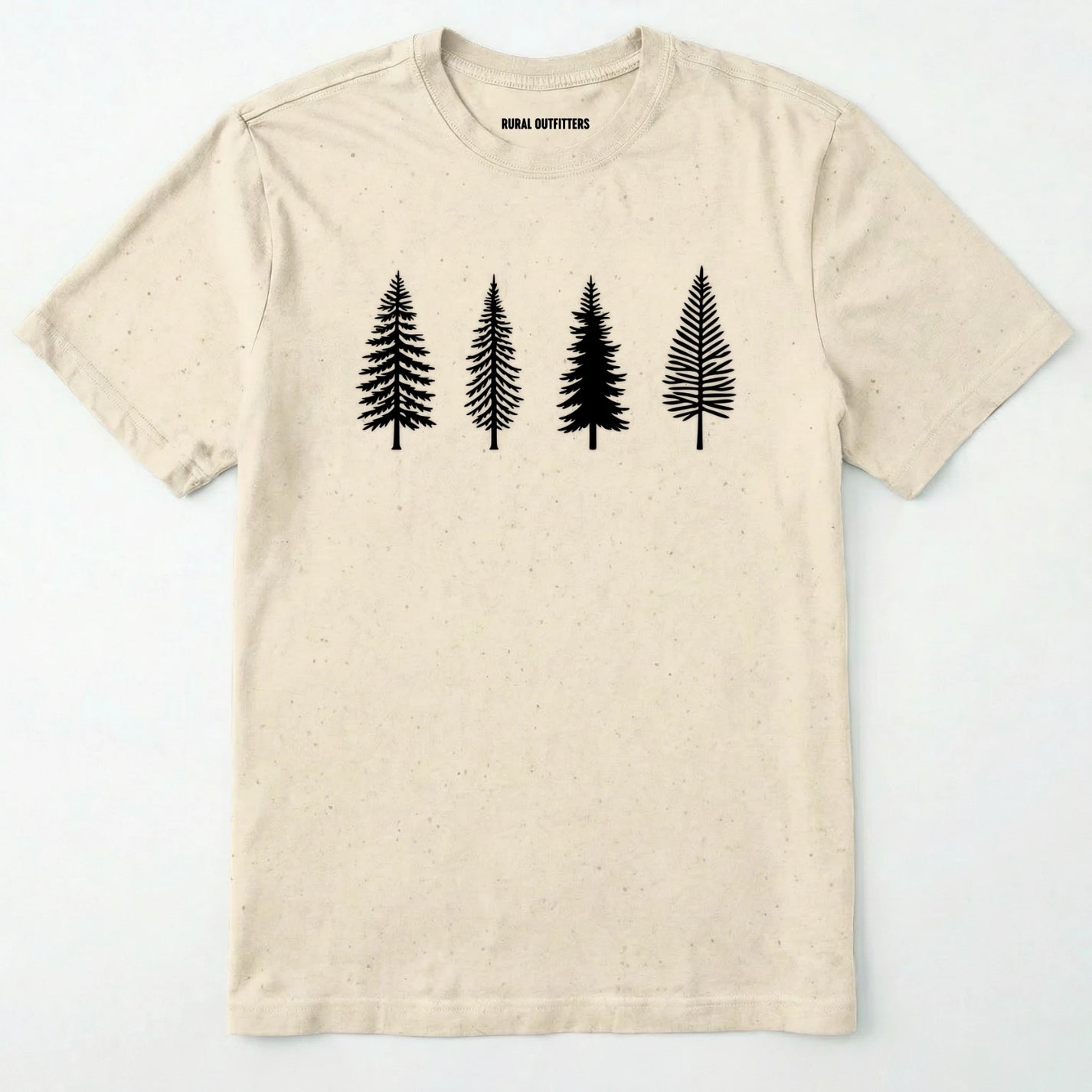 Natural pine tree shirt with minimalist forest graphic on a plain white background