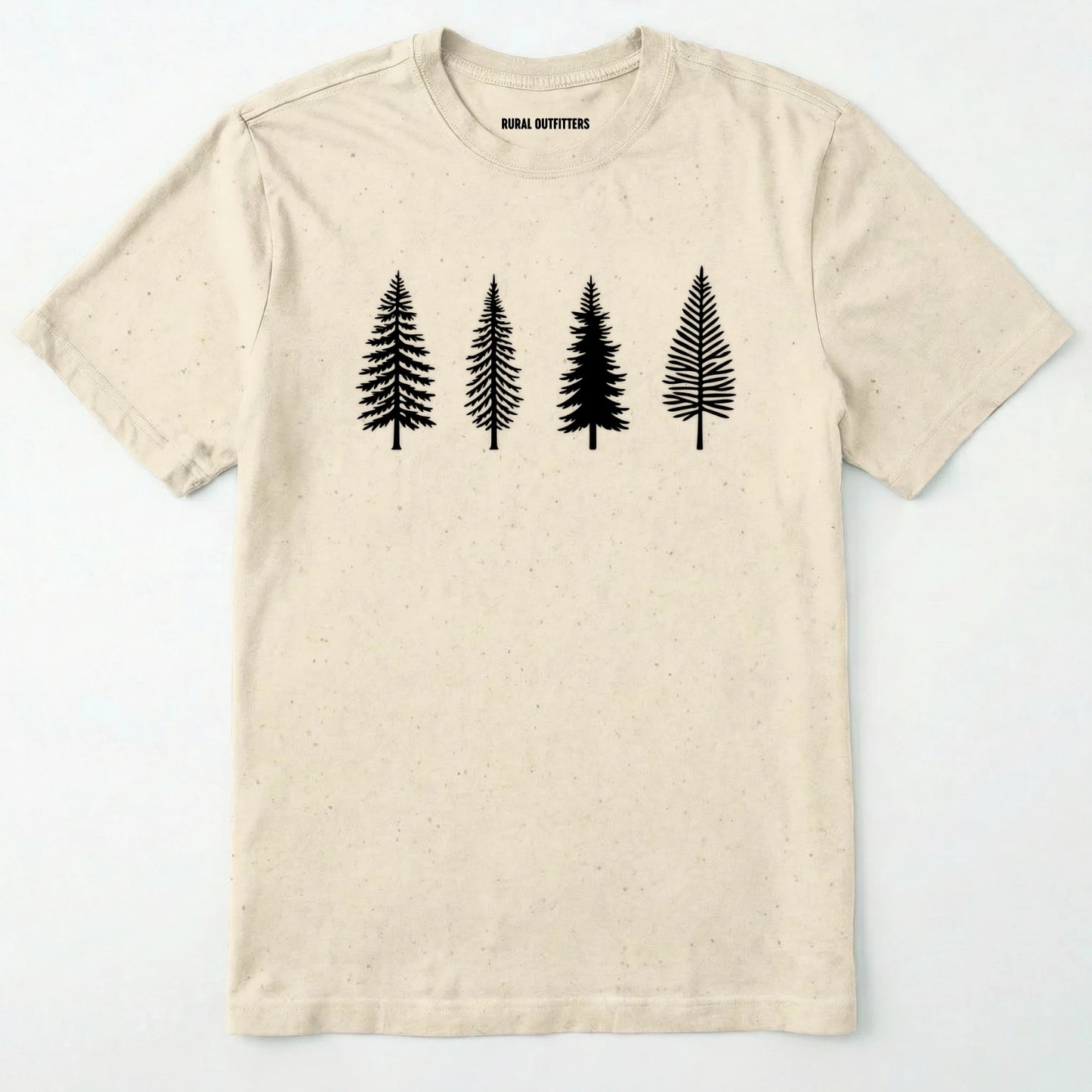 Natural pine tree shirt with minimalist forest graphic on a plain white background