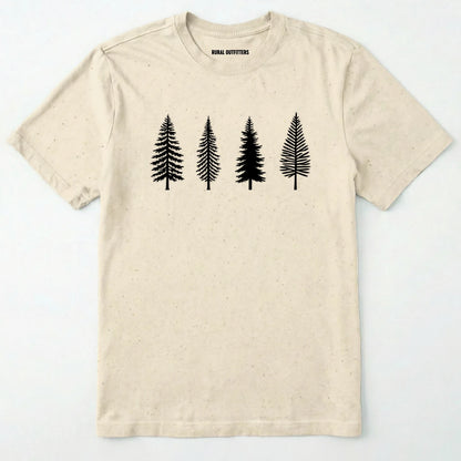 Natural pine tree shirt with minimalist forest graphic on a plain white background