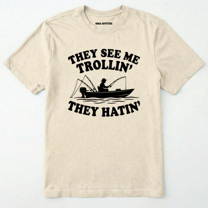 Natural t-shirt with black graphic and text on a white background