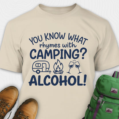 Sand you know what rhymes with camping alcohol shirt with camper, fire, and wine glass graphics