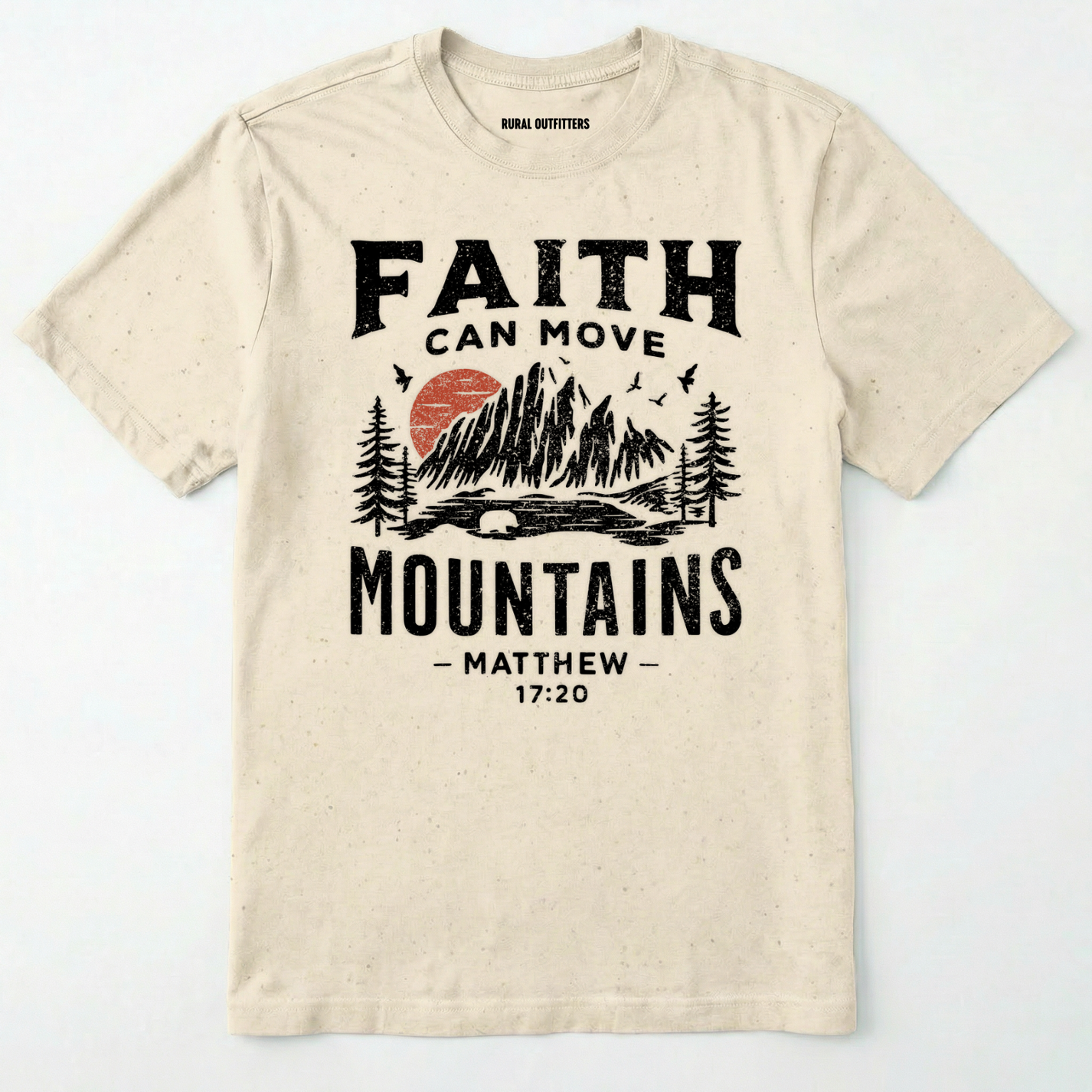 Natural bible verse t-shirt with 'faith can move mountains' text with outdoor graphic design on a white background.