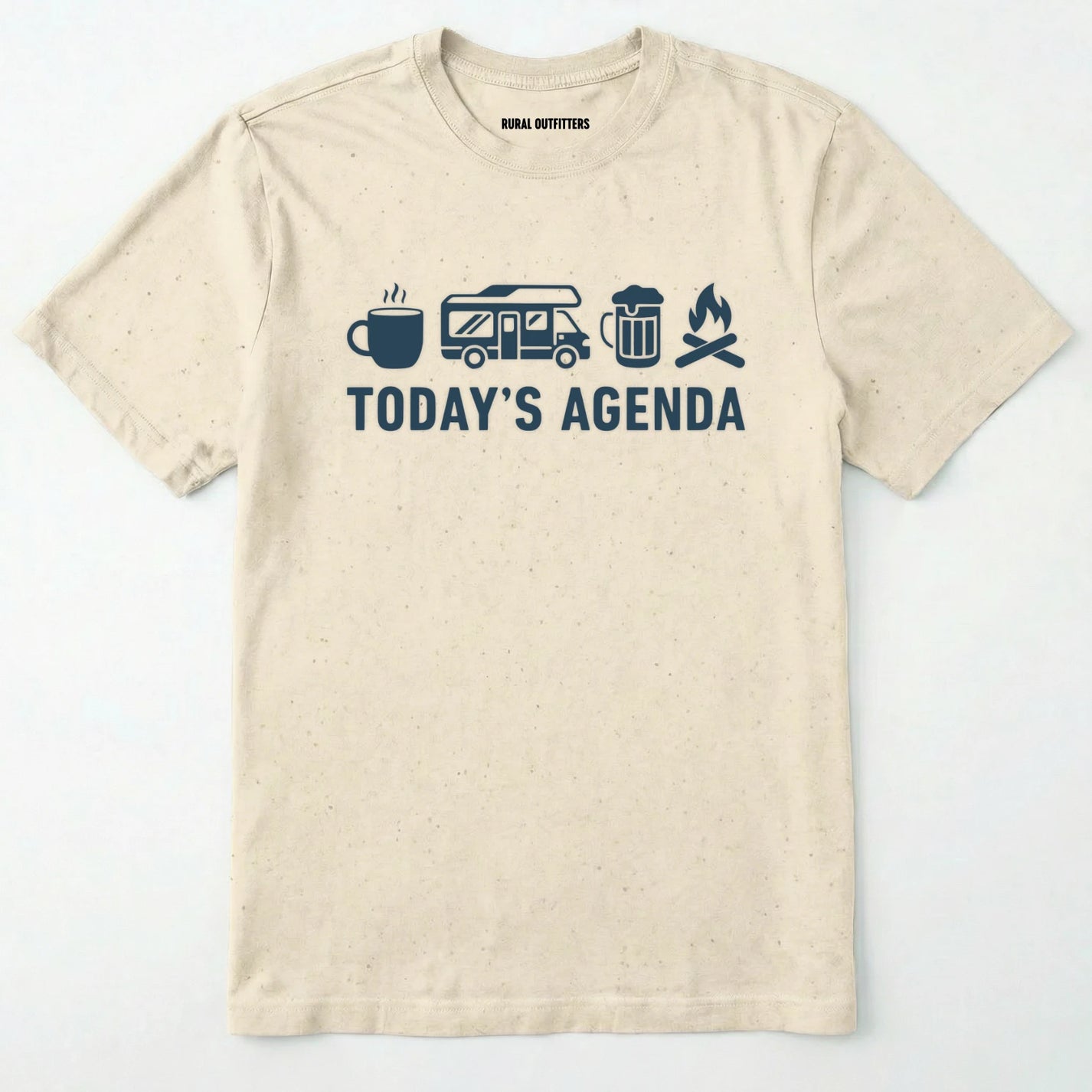 Natural rv life shirt with coffee, rv beer and campfire icons with 'today's agenda' text on a white background.