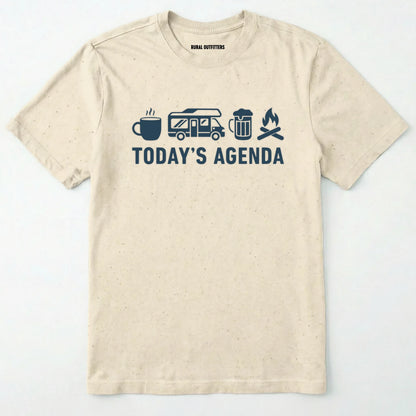 Natural rv life shirt with coffee, rv beer and campfire icons with 'today's agenda' text on a white background.