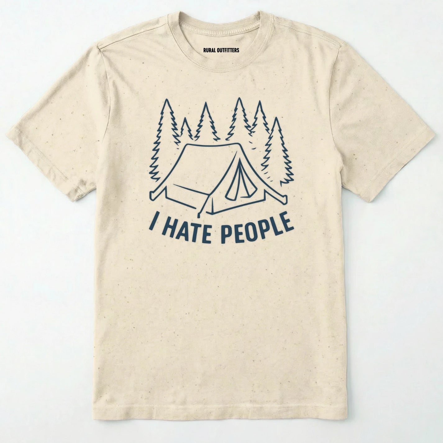 Natural i hate everybody t-shirt with tent and pine tree graphic on a white background.