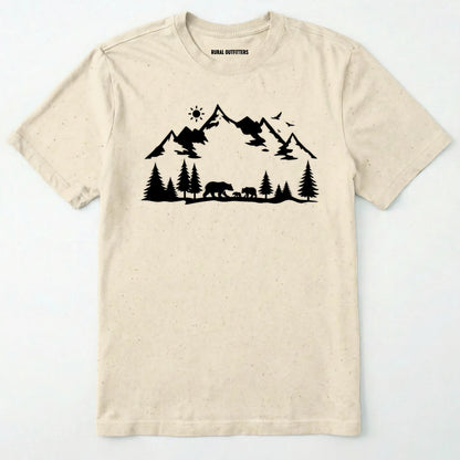 Natural wildlife t-shirt with white mountain and bear design, on a plain white background.