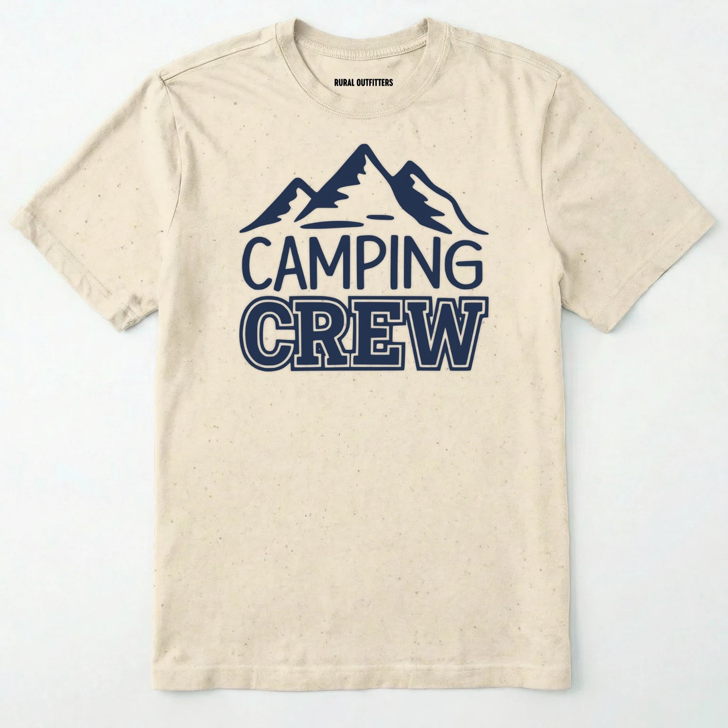 Natural camping crew t-shirt with 'camping crew' text and mountain graphic.