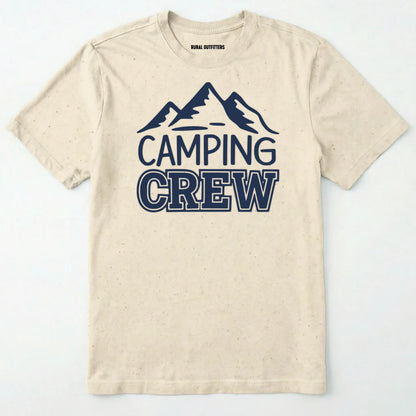 Natural camping crew t-shirt with 'camping crew' text and mountain graphic.