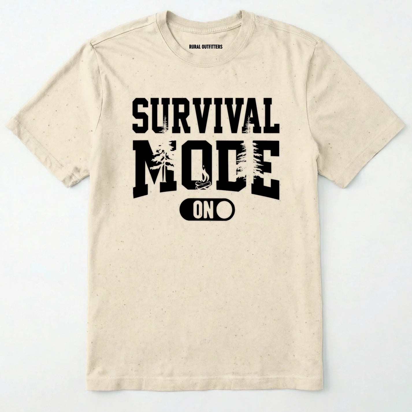 Natural survival mode shirt with camping-themed graphic and rugged text on a white background.