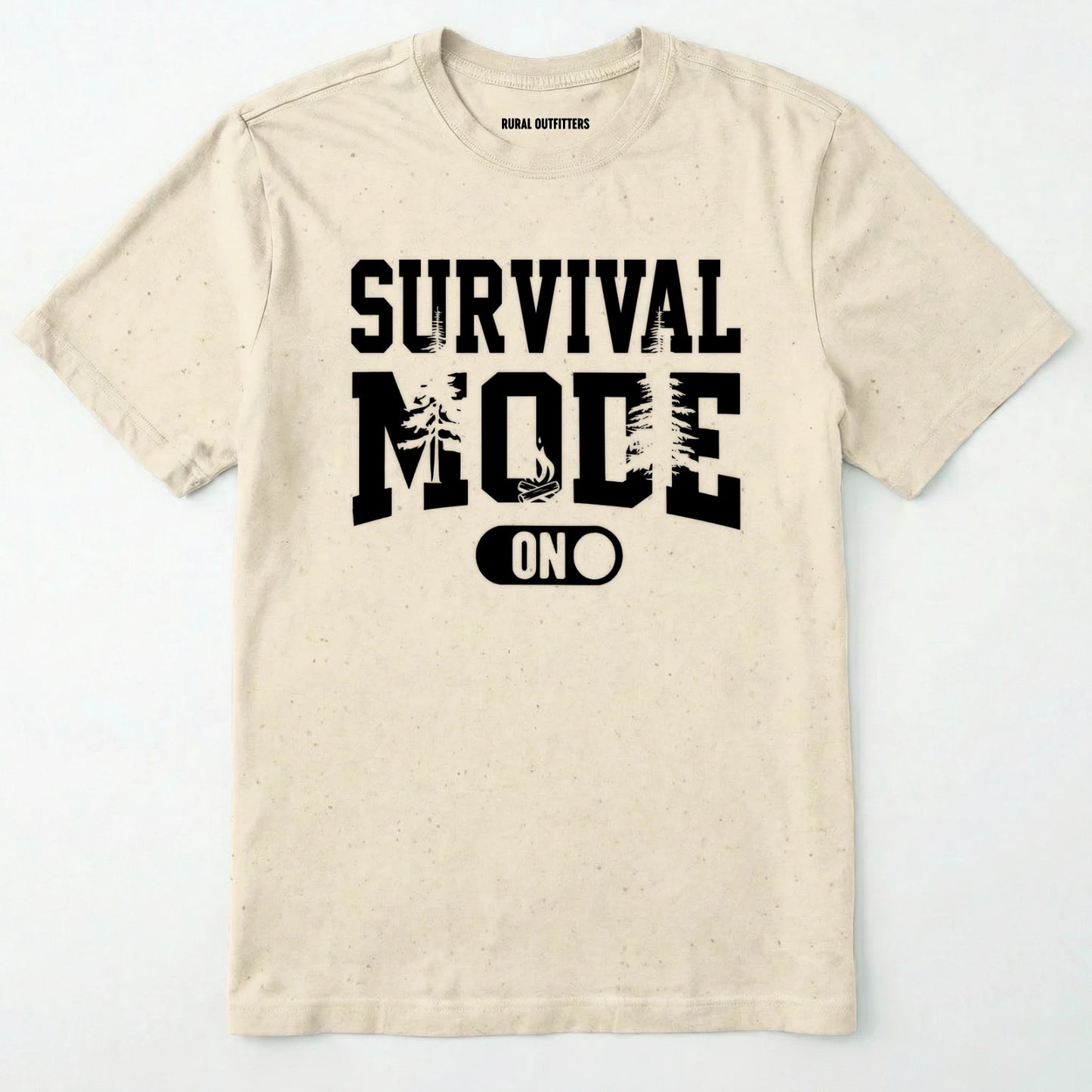 Natural survival mode shirt with camping-themed graphic and rugged text on a white background.