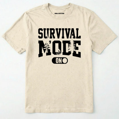 Natural survival mode shirt with camping-themed graphic and rugged text on a white background.