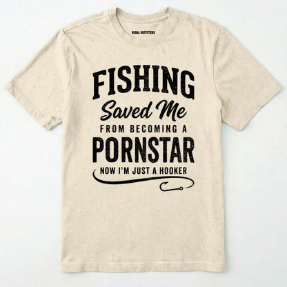 Natural t-shirt with humorous fishing slogan on a white background