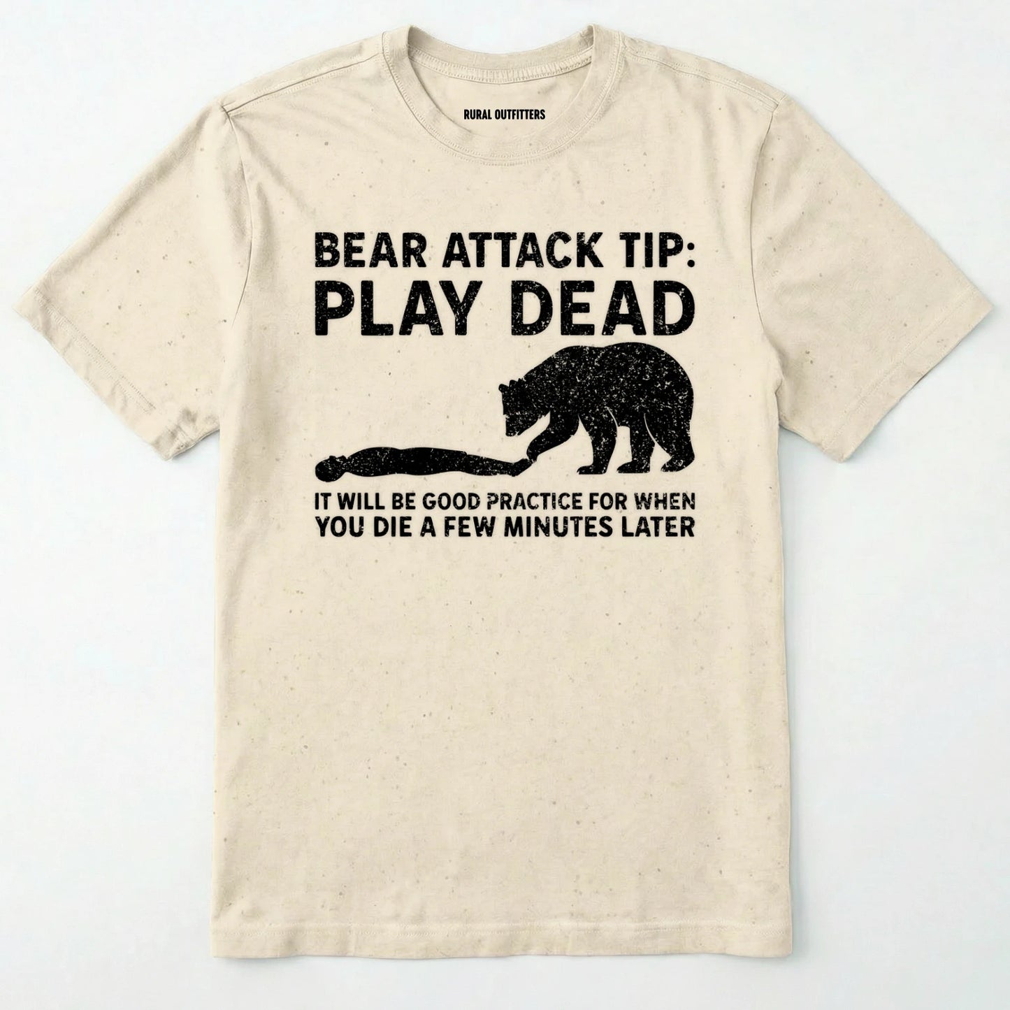 Natural bear tee shirt with bear attack tip graphic and text on a white background.