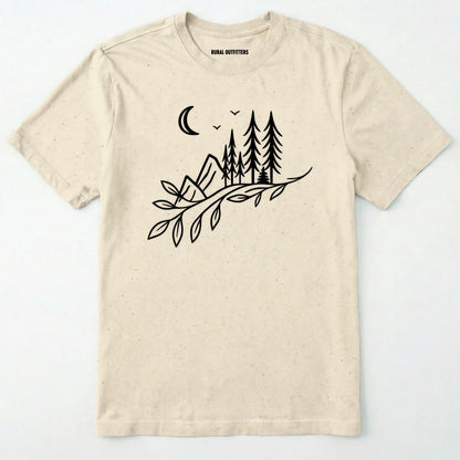 Natural nature graphic t-shirt showing mountains, pine trees, and moon line art on a white background.