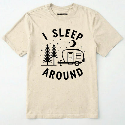 Natural i sleep around camper shirt with travel trailer and night sky graphic on a white background.