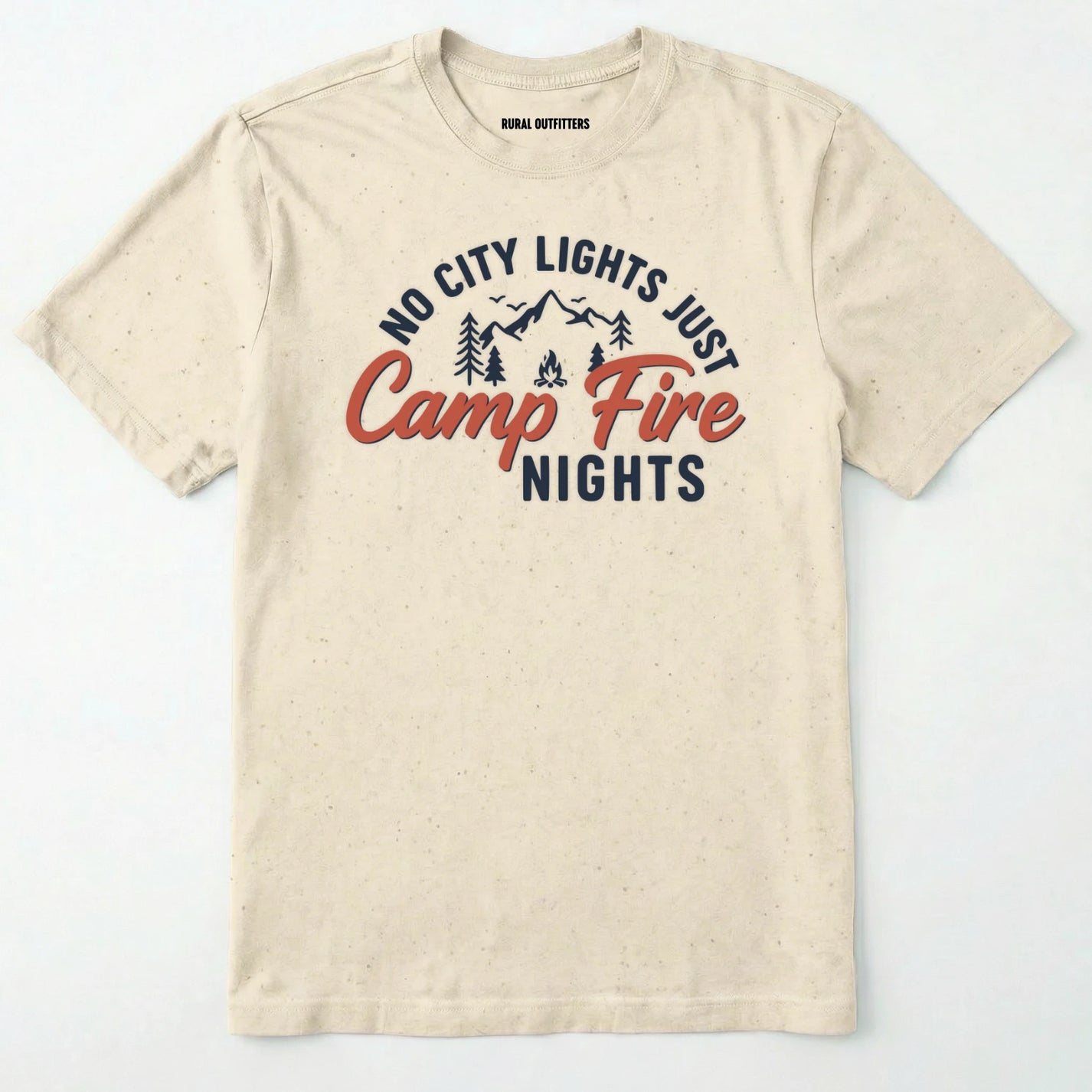 Natural campfire shirt with mountains and trees design and "no city lights just campfire nights" text on a white background.