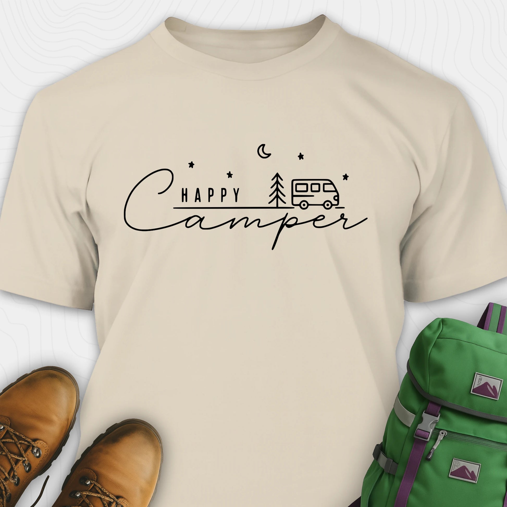 Sand happy camper tee with minimalist camper and night sky design