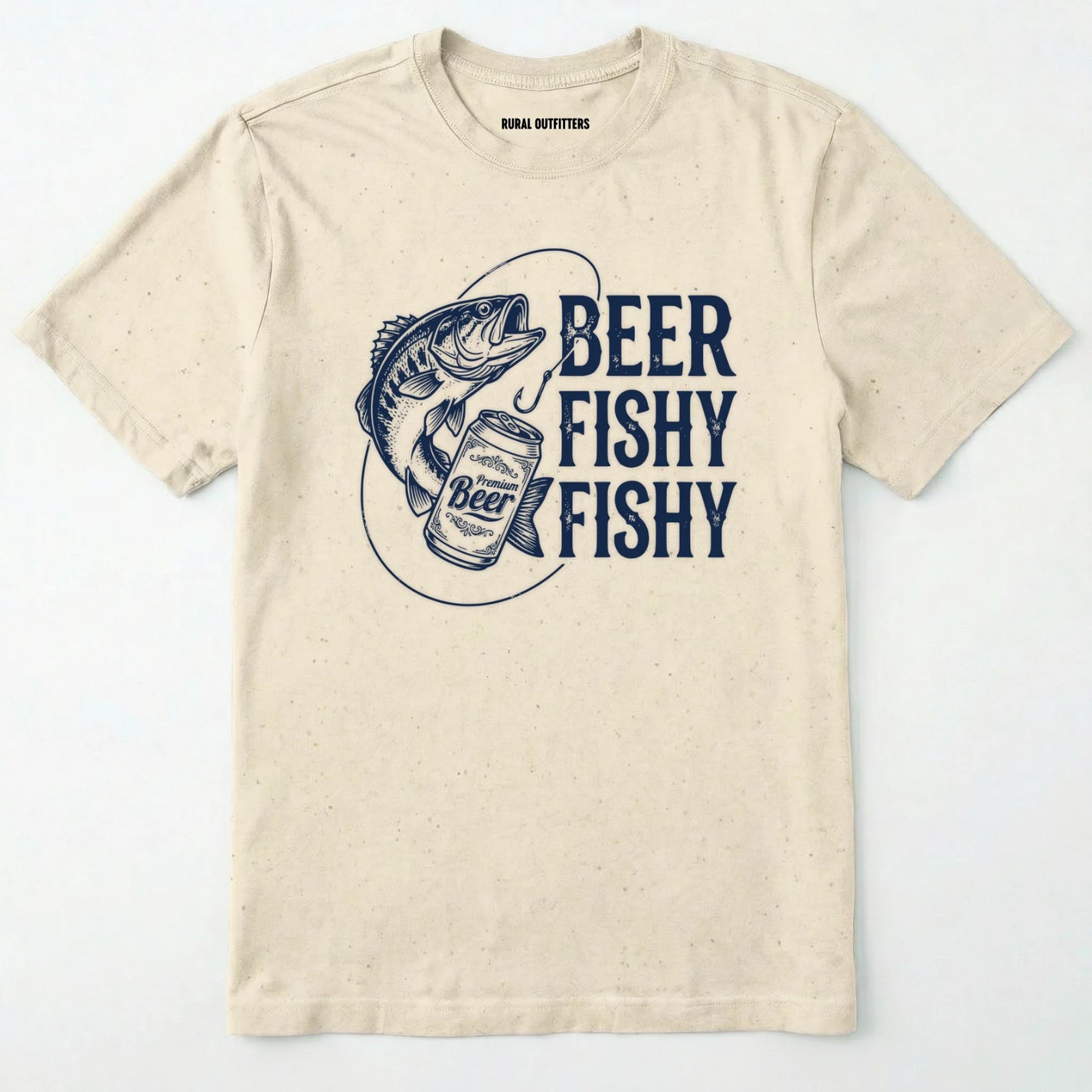 Natural t-shirt with a graphic of a fish and beer can, text 'beer fishy fishy', on a white background.
