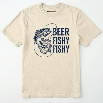 Natural t-shirt with a graphic of a fish and beer can, text 'beer fishy fishy', on a white background.