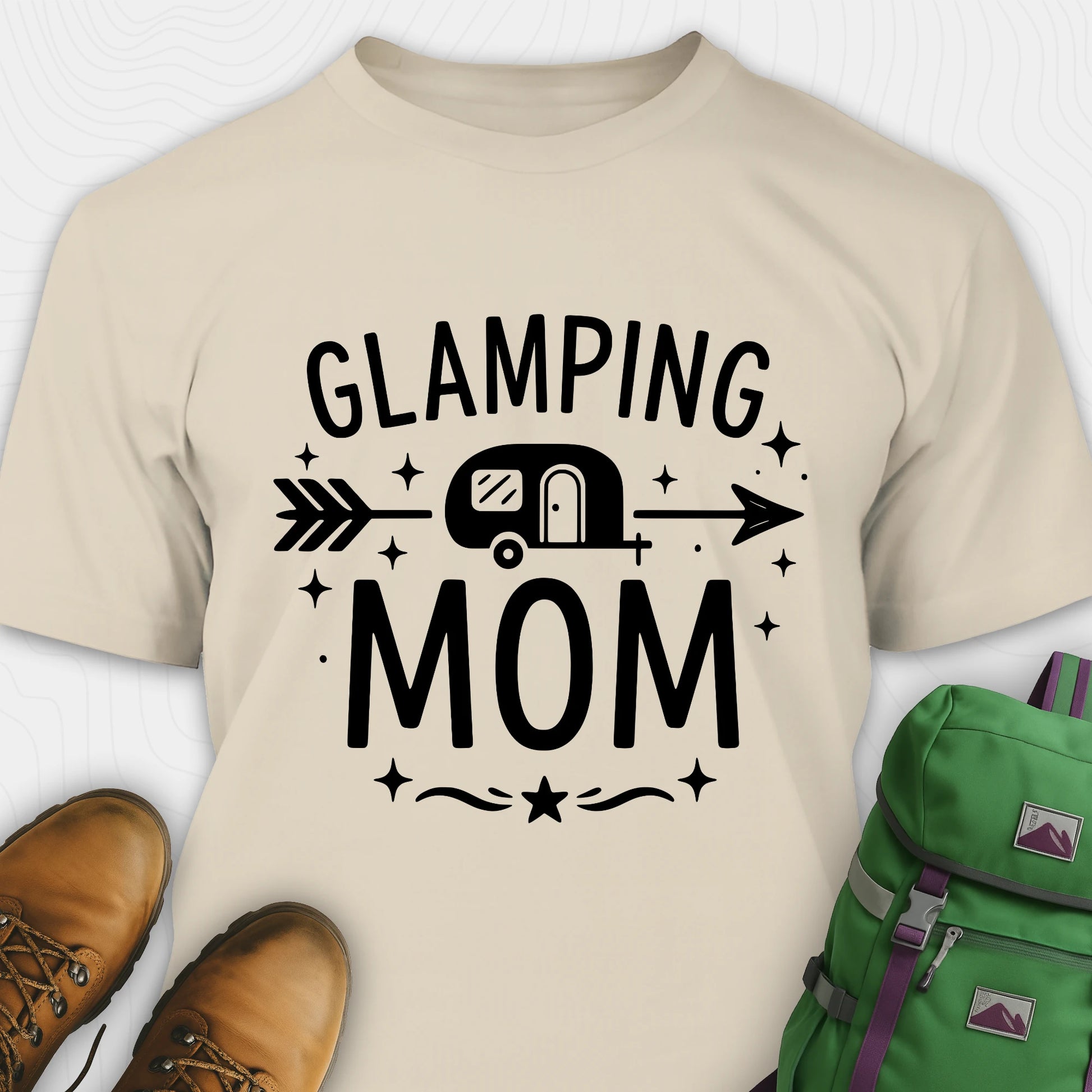 Sand glamping mom shirt with camper and arrow design