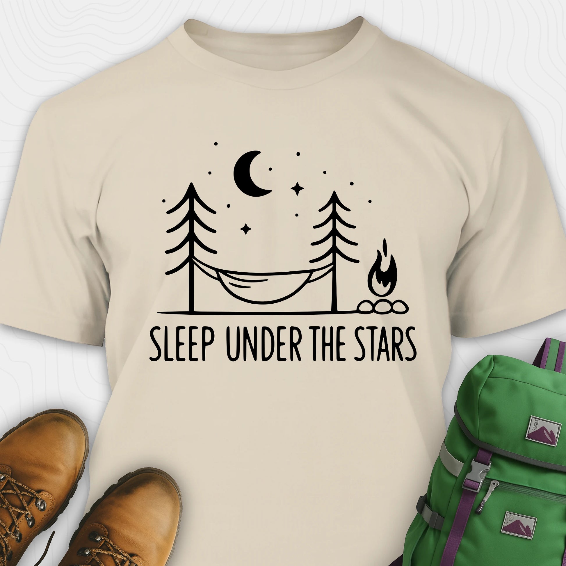 Sand night sky shirt with hammock moon stars and campfire design