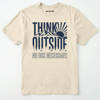 Natural t-shirt with 'think outside, no box necessary' graphic on a white background