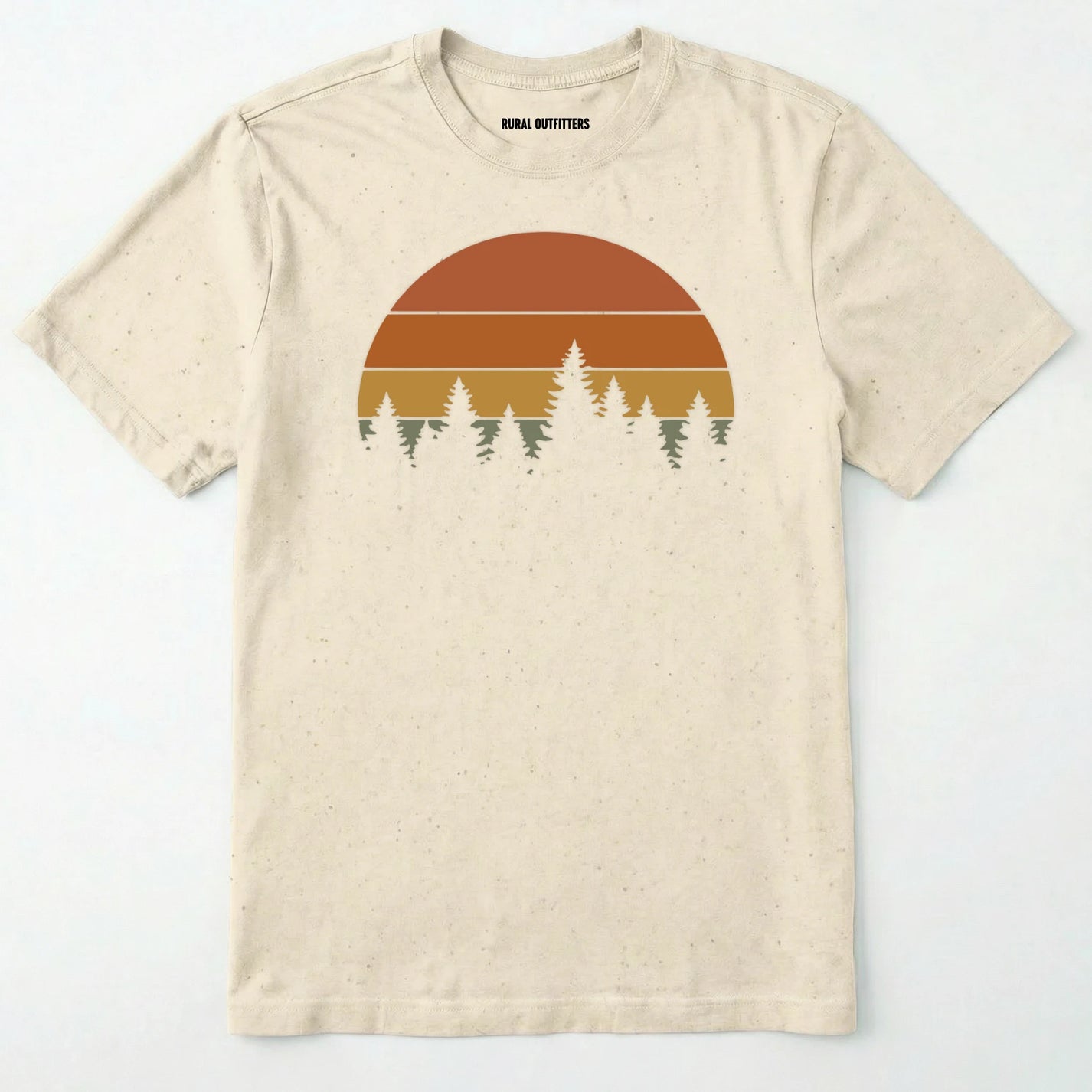 Natural vintage sunset t-shirt with retro forest silhouette graphic on a white background.