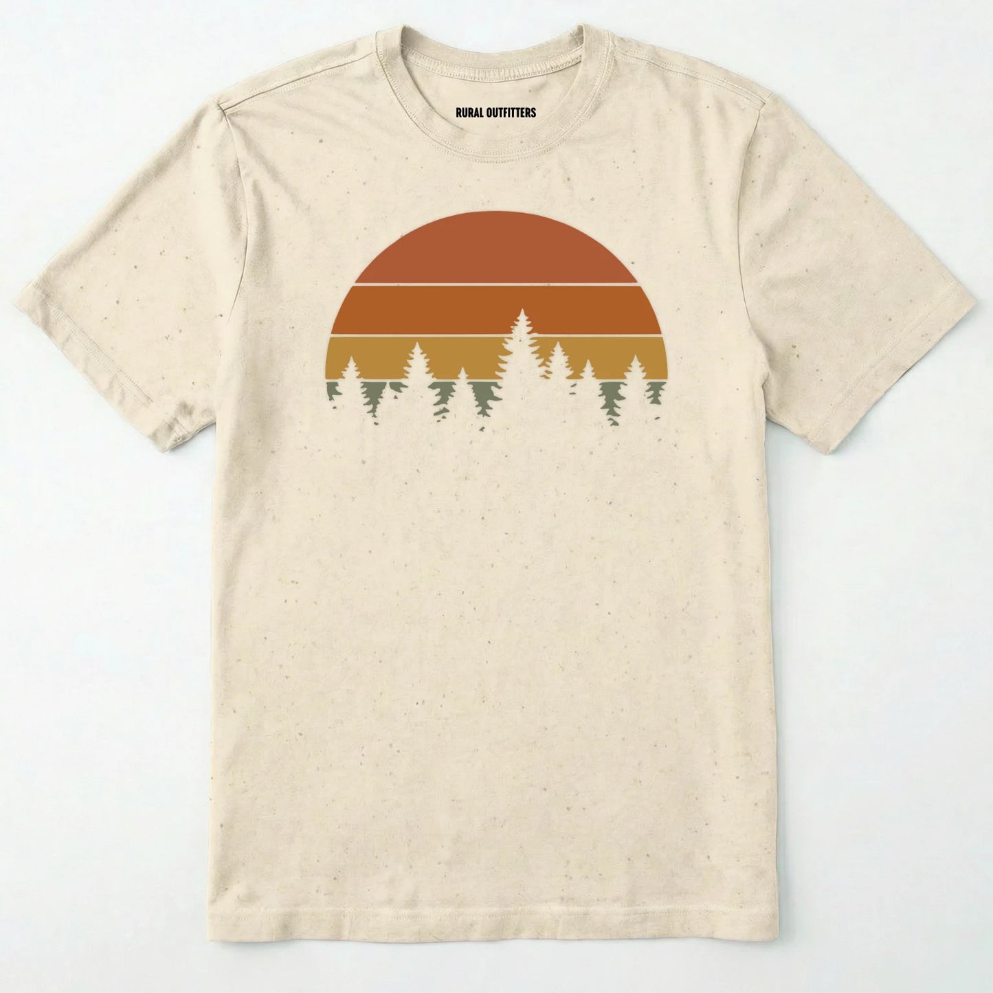 Natural vintage sunset t-shirt with retro forest silhouette graphic on a white background.