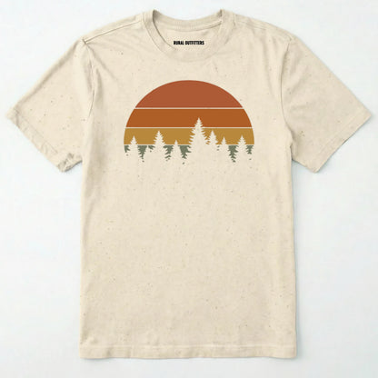 Natural vintage sunset t-shirt with retro forest silhouette graphic on a white background.