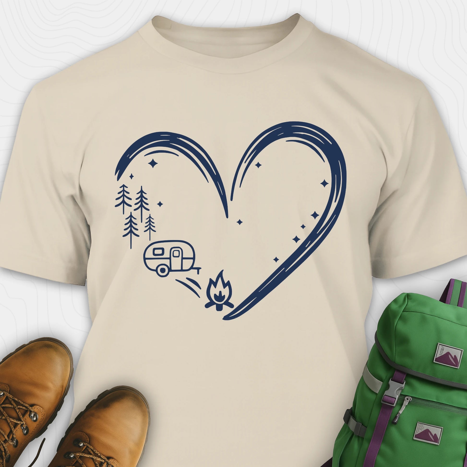 Sand I love camping shirt with heart-shaped mountain and camper design