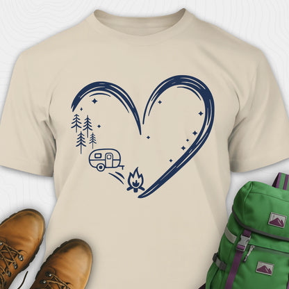 Sand I love camping shirt with heart-shaped mountain and camper design