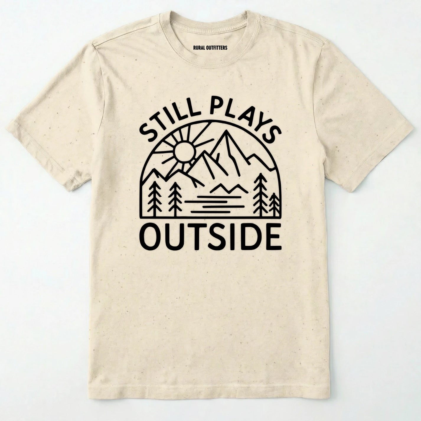 Natural t-shirt with 'still plays outside' graphic design on a white background