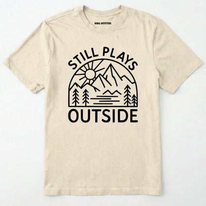 Natural t-shirt with 'still plays outside' graphic design on a white background
