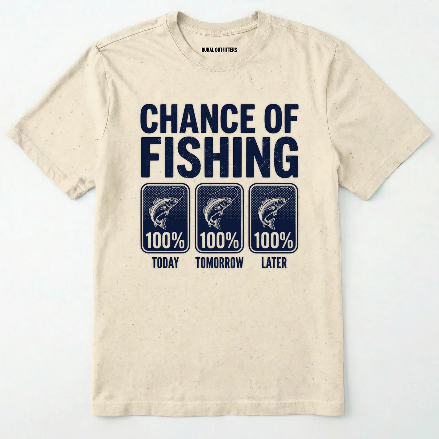 Natural t-shirt with fishing-themed text and graphics on a white background