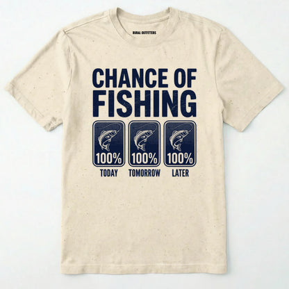 Natural t-shirt with fishing-themed text and graphics on a white background