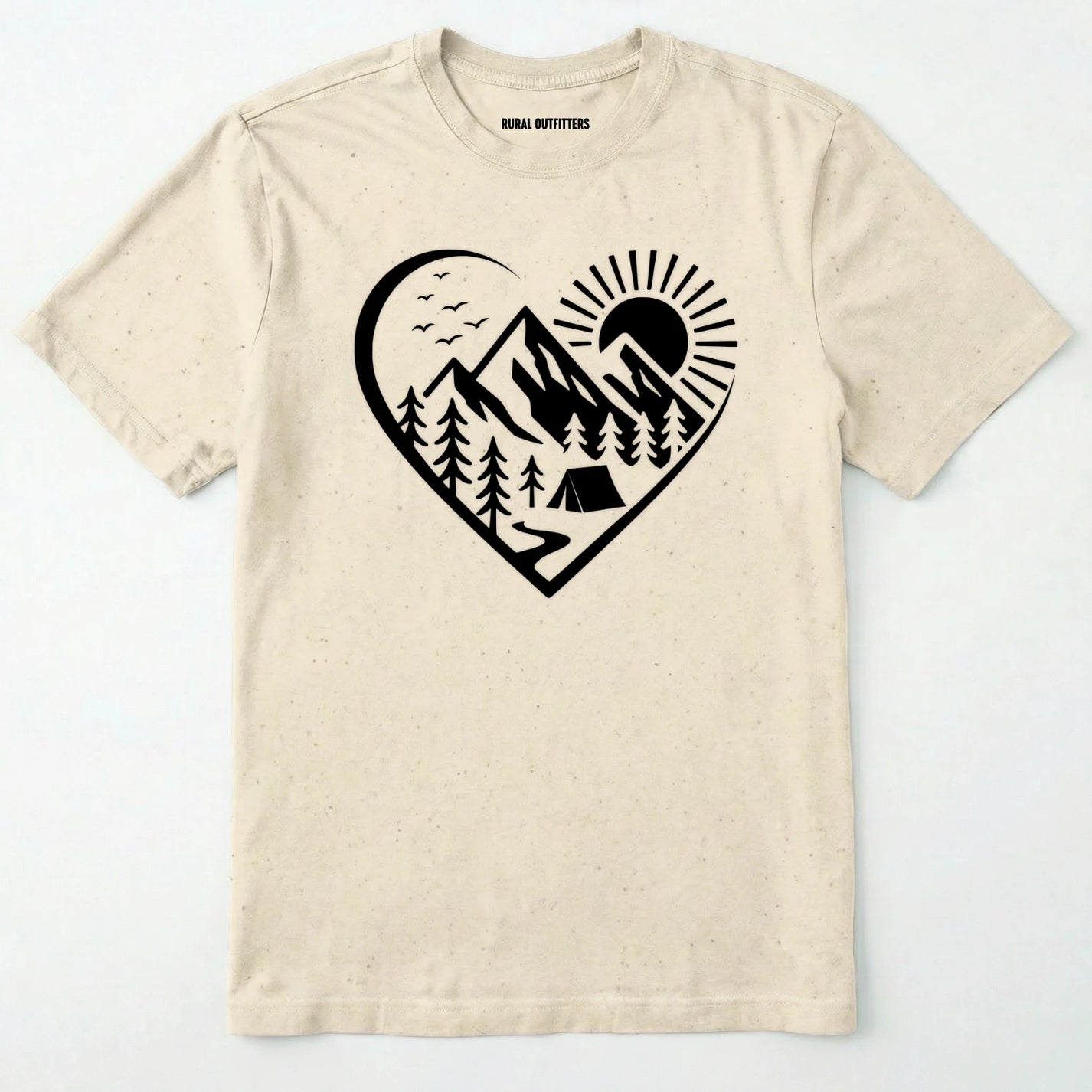 Natural nature t-shirt featuring a heart graphic with mountains, trees, and tent illustration