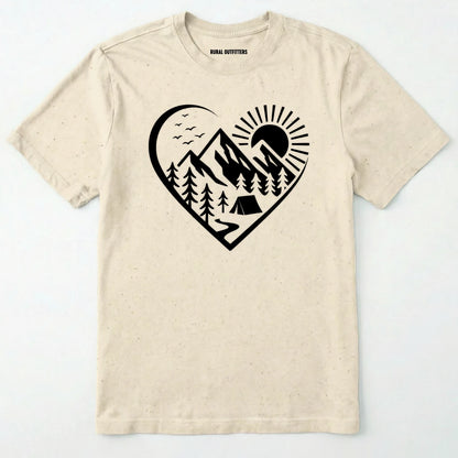 Natural nature t-shirt featuring a heart graphic with mountains, trees, and tent illustration